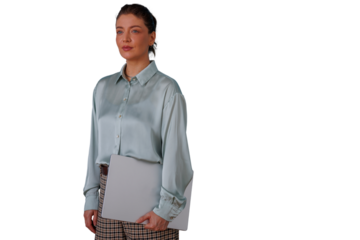 Confident businesswoman holding laptop, looking away, ready for work, isolated on transparent background