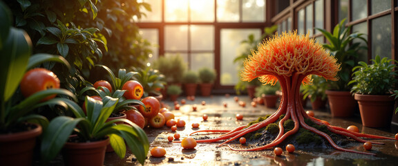 Naklejka premium Surreal Christmas scene in a carnivorous plant greenhouse with vibrant greenery 