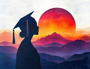 silhouette of a graduate woman wearing a cap standing against a vibrant sunset with layered mountains in the background conveying a sense of achievement and hope