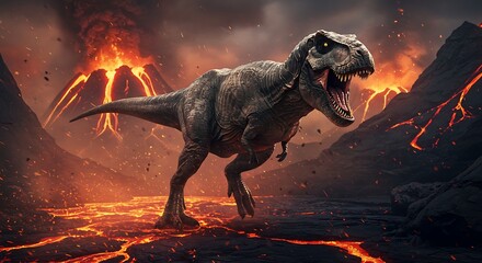 Tyrannosaurus Rex Amidst Volcanic Eruption - A Prehistoric Scene.