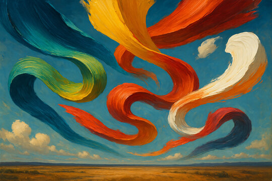 Dynamic abstract ribbons of vibrant color dance across a serene sky above a vast, golden landscape, evoking freedom and creativity. - Powered by Adobe