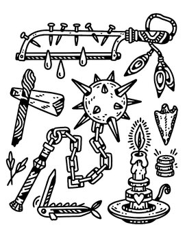 Medieval Torture Weapons, Candle, Dark Tattoo Flash Set Vector