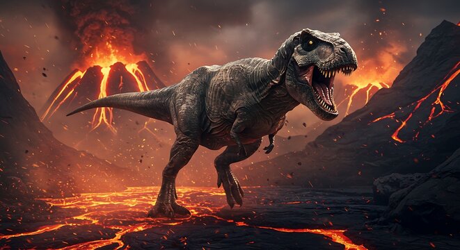 Tyrannosaurus Rex Amidst Volcanic Eruption - A Prehistoric Scene.
