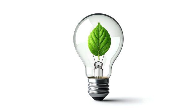 3D realistic light bulb icon with a small green leaf inside, symbolizing eco innovation, green energy, and sustainable ideas, isolated on white background.