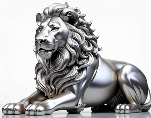 Luxury Silver Style Sitting Lion Statue Realistic 3D Art Isolated on White