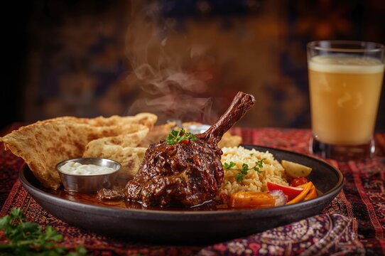 Indian Wheat Roti paired with slow-cooked lamb or mutton shank curry, also called gosht paya or khoor, in sharp focus
