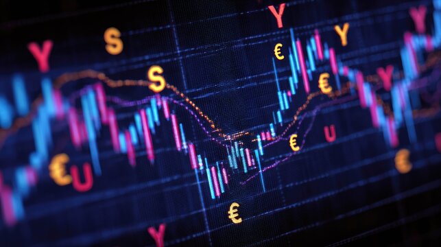 Colorful candlestick chart showing financial data trends with currency symbols, highlighting market fluctuations, investment opportunities, and economic analysis