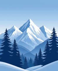 Fototapeta premium Snowy mountain landscape with pine trees in flat vector style under clear sky