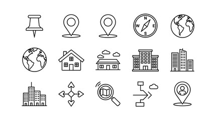 A diverse collection of vector icons representing location and navigation elements, including pushpins, map markers, globes, compasses, houses, office buildings, and a person pin, all rendered in a