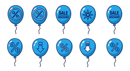 Set of blue balloons with sale and discount icons, percentage signs, and downward arrows, presented as a vector cartoon illustration on a clean white background, ideal for marketing and promotional