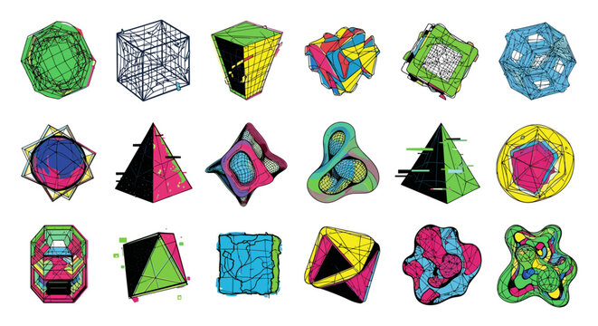 Vivid abstract geometric shapes in acid style, Y2K trendy design with postmodern brutalism elements, featuring wireframe structures and vibrant color palettes, perfect for graphic design assets and