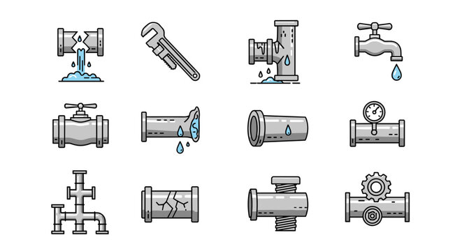 Set of 12 flat design icons representing plumbing issues and tools, including broken pipes with water leaks, a wrench, a valve, a pressure gauge, and various pipe fittings, perfect for web, apps, and