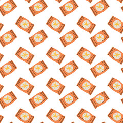 Pattern of round candies in a rectangular orange package. Flat colored seamless texture of holiday sweets in a wrapper. Caramel. For Christmas, New Year backgrounds, packaging, and textile prints.