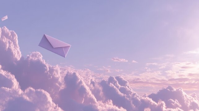 Dreamy scene with floating envelopes in pastel clouds, representing communication, creativity, and imagination in a serene sky backdrop