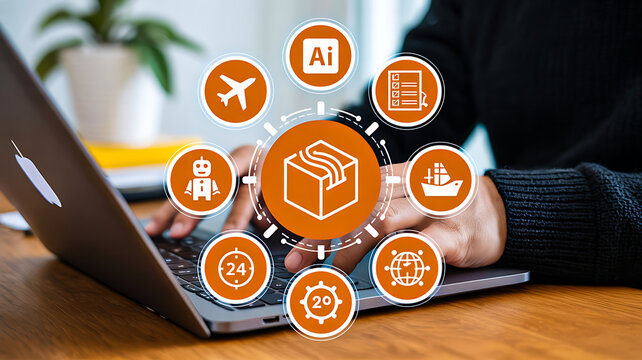 A person optimizing a modern digital global logistics and supply chain network using artificial intelligence for efficient shipping and delivery.