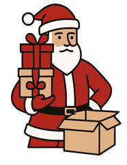 Santa Claus holding presents next to an open gift box, festive vector illustration for Christmas and New Year