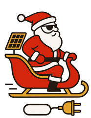 Cool Santa Claus wearing sunglasses riding a sleigh powered by solar panels, modern Christmas vector illustration