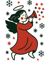 Angel girl playing trumpet with stars and snowflakes, festive Christmas illustration