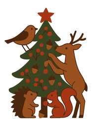 Vector illustration of forest animals decorating Christmas tree, cozy festive design