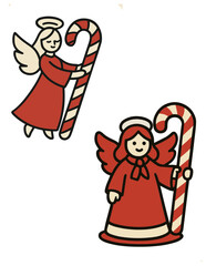 Set of two cute angel girls holding lollipops, Christmas vector illustration