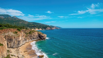 Fototapeta premium A rocky coastline under a clear blue sky with the ocean waves, seasonal change