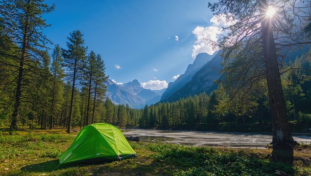 Green camping tent set against mountainous scenery, outdoor adventure,