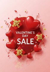 Vertical Valentine's Day Sale banner. 3D text on a cluster of red hearts with gold confetti and ribbons on a pink background. Holiday promotion.