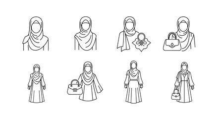 Set of eight elegant line art icons depicting Muslim women wearing hijabs and fashionable attire, including various handbag styles, presented on a clean white background, perfect for fashion and