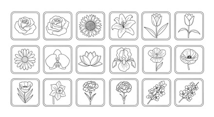 Fototapeta premium Set of 18 unique line art flower icons in square frames, featuring roses, sunflowers, lilies, tulips, daisies, orchids, lotuses, irises, poppies, daffodils, carnations, and cherry blossoms, presented