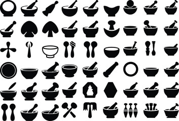 Pestle Icon Set – Traditional Kitchen Tool Silhouette Collection Mortar and Pestle Icons – Herbal and Cooking Equipment Vector Set