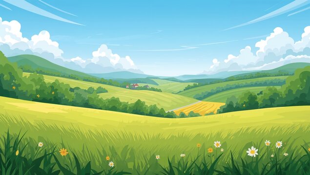 Summertime landscape in a cartoonish valley, featuring rolling green hills and a bright sky with wavy clouds, seasonal change
