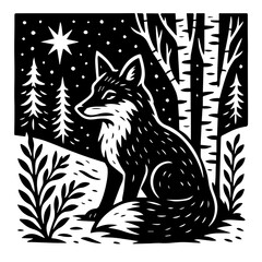 Moonlit Fox In Pine Woods Night Scene Hand Cut Paper Style