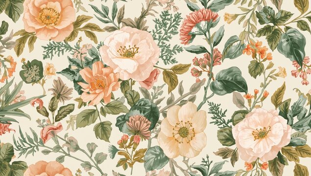 Seamless floral design featuring large blossoms and leaves on a pale backdrop. 2D digital artwork.