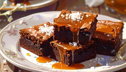 Close-up of four delicious chocolate squares, stacked with caramel drizzle and coarse sea salt. Placed on a detailed floral plate