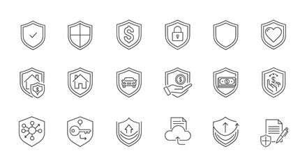 Collection of minimalistic linear shield and defense icons, representing insurance, security, and protection. This versatile set includes pictograms for web, graphic design, apps, banners, social