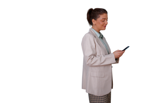 Businesswoman checking messages on smartphone, smiling, browsing social media, working remotely, transparent background - Powered by Adobe