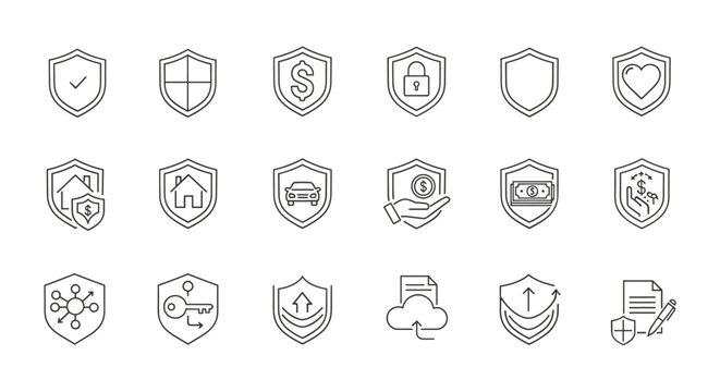 Collection of minimalistic linear shield and defense icons, representing insurance, security, and protection. This versatile set includes pictograms for web, graphic design, apps, banners, social