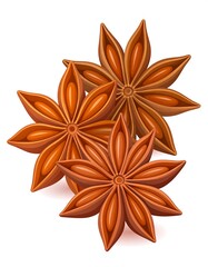 Close-up illustration of three star anise spices, showing details and variations