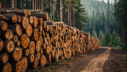 Stack of spruce logs ready for transport in the timber industry. Freshly cut trees lined up by the roadside. High resolution image of logged wood.