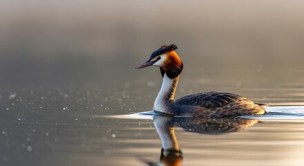 Great Crested Grebe Swimming in Calm Water at Sunset.