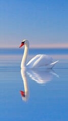 Obraz premium Serene White Swan Gliding Gracefully on Calm Blue Water Under a Clear Sky with Gentle Ripples and Reflection