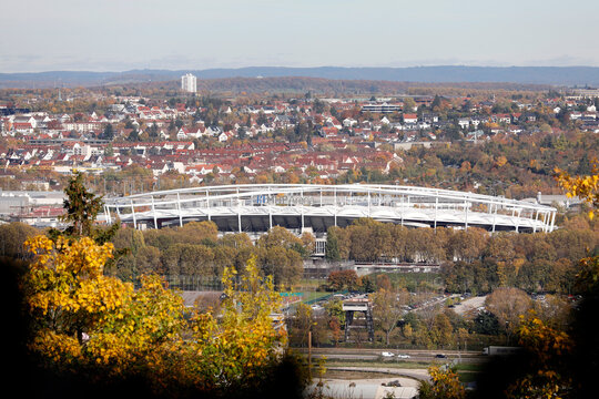 Stuttgart, Baden-W&uuml;rttemberg / Germany - October 29, 2025: MHP Arena, Bad Cannstatt football stadium, panoramic view from above, autumn landscape and surrounding area.