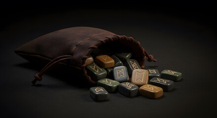 Close-up of a brown leather bag spilling out rune stones on a dark background