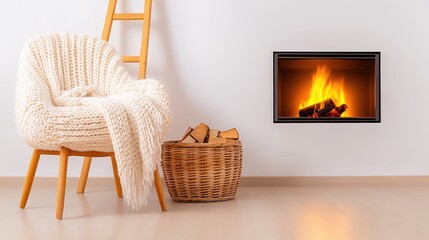 Naklejka premium Cozy living room with a warm fireplace glowing in a tranquil atmosphere, inviting relaxation and comfort for all