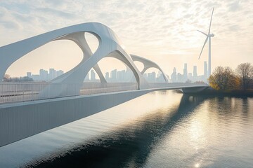 modern white bridge with elegant curved arches over calm river at sunrise with city skyline and wind turbine in background