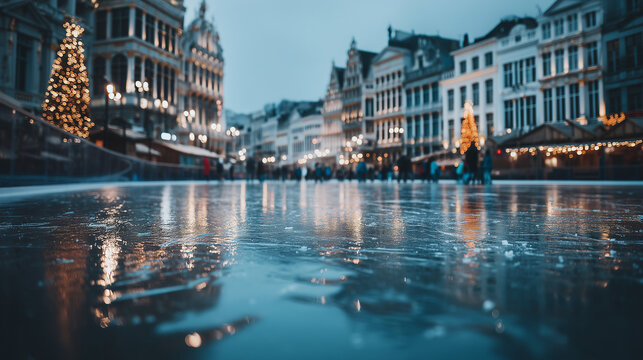 Frozen Ice Skating Rink in Brussels Grand Place at Winter Wonders Christmas Market Evening View - Powered by Adobe