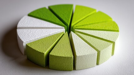 Circular arrangement of green and white geometric shapes representing pie chart sections on a clean white background for design and presentation purposes