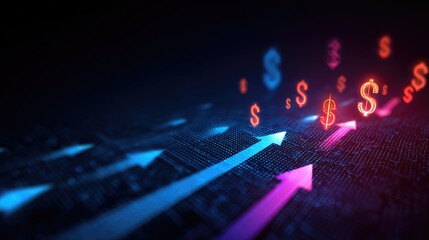 Dynamic Financial Growth with Colorful Arrows and Dollar Symbols Representing Investment and Revenue Trends in a Digital Landscape