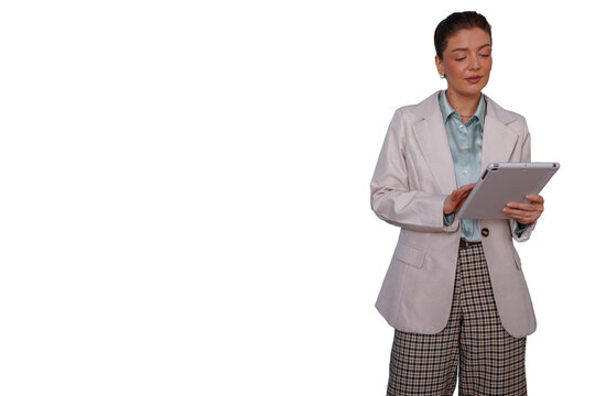 Businesswoman standing, looking at tablet, working on digital technology, researching and analyzing data with empty space, transparent background