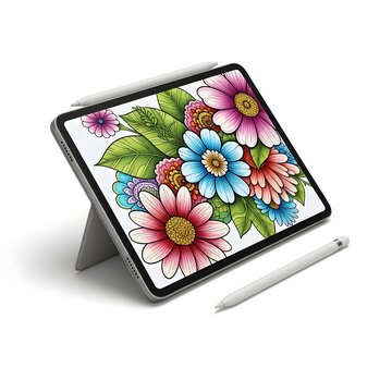Digital tablet on white background displaying colorful floral art drawing hobby